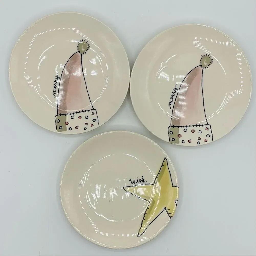 Set of 3 Rae Dunn Christmas Holiday Snack Plates Wish Merry